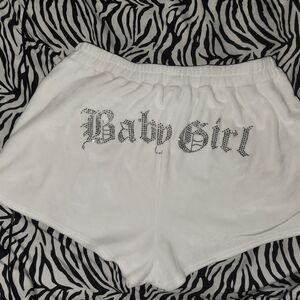 Y2k White and silver Babygirl rhinestone velvet shorts